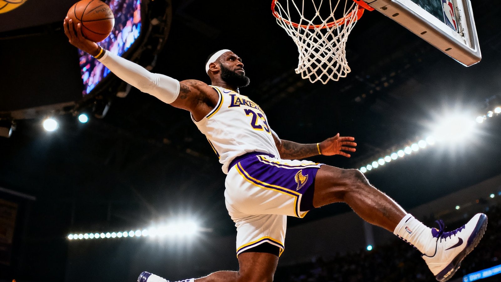 NBA比赛中勒布朗·詹姆斯一记势大力沉的战斧扣篮，画面捕捉到他在空中舒展身体的瞬间，背景是斯台普斯中心明亮的灯光。